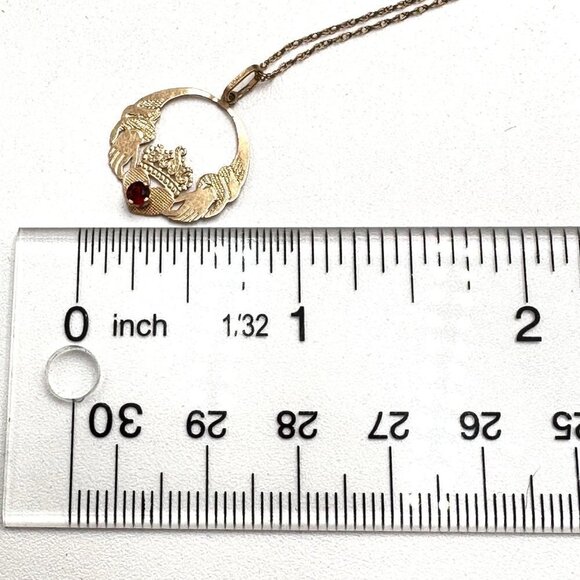 Estate 14k Yellow Gold Red Garnet Celtic Irish Pendant 18 Inch Necklace - Picture 5 of 6